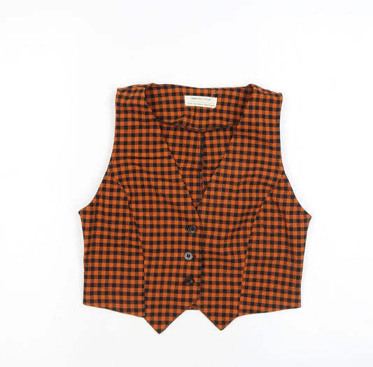 Urban Outfitters Womens Orange Check Polyester Cropped Button-Up Size XS V-Neck - Waistcoat