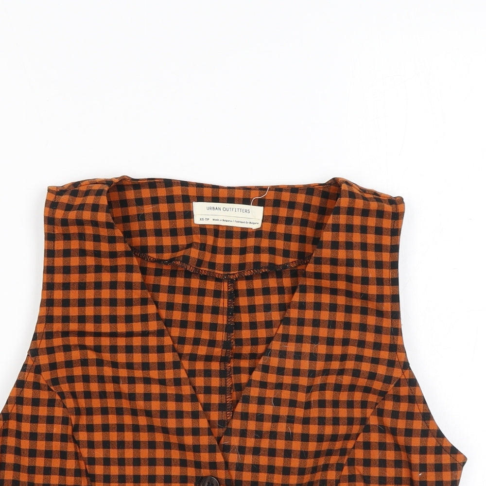 Urban Outfitters Womens Orange Check Polyester Cropped Button-Up Size XS V-Neck - Waistcoat