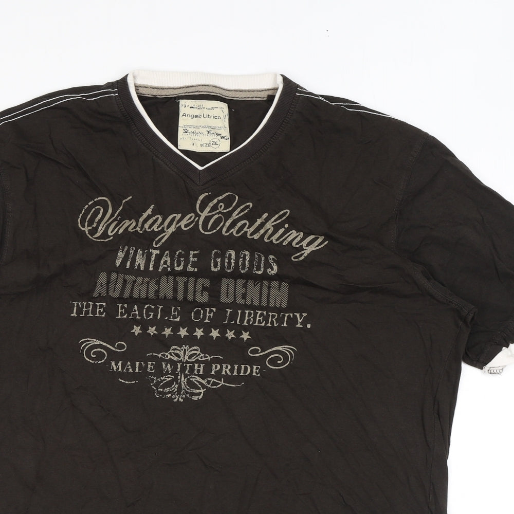 Angelo Litrico Mens Brown Cotton T-Shirt Size 2XL V-Neck - Slogan