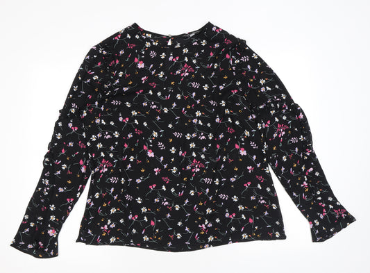 Dorothy Perkins Womens Black Floral Polyester Basic Blouse Size 14 Round Neck - Ruffles