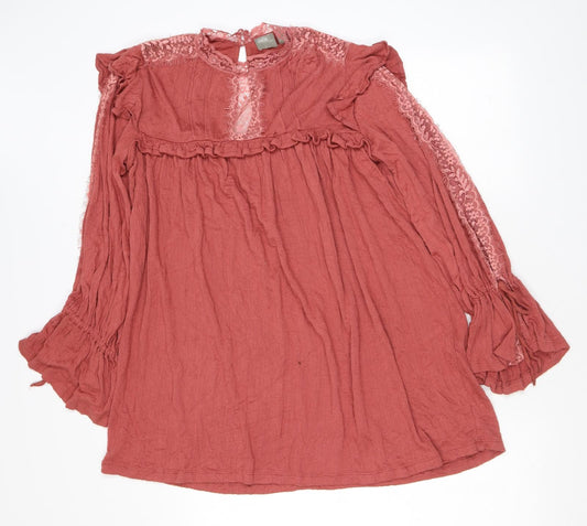 ASOS Womens Pink Viscose Tunic Blouse Size 8 Mock Neck - Lace, Ruffles