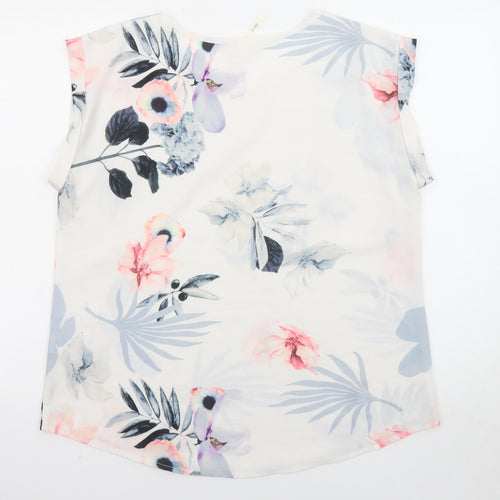 Stella Womens White Floral Polyester Basic Blouse Size 12 Crew Neck