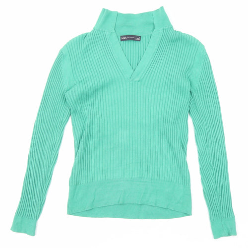 Marks and Spencer Womens Green V-Neck Viscose Pullover Jumper Size 8 - Collared