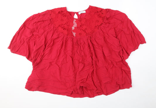 Per Una Womens Red Viscose Basic Blouse Size 20 Round Neck - Embroided Flowers