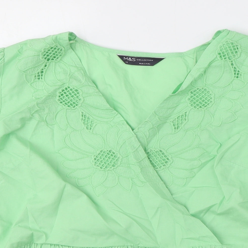 Marks and Spencer Womens Green Cotton Wrap Blouse Size 12 V-Neck - Embroided Flowers