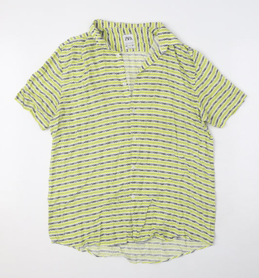 Zara Womens Yellow Geometric Polyester Basic Button-Up Size L Collared - Lemonade