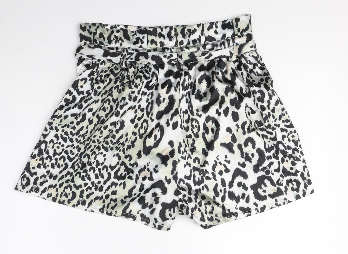 PRETTYLITTLETHING Womens Silver Animal Print Polyester Paperbag Shorts Size 10 Regular Zip - Belted