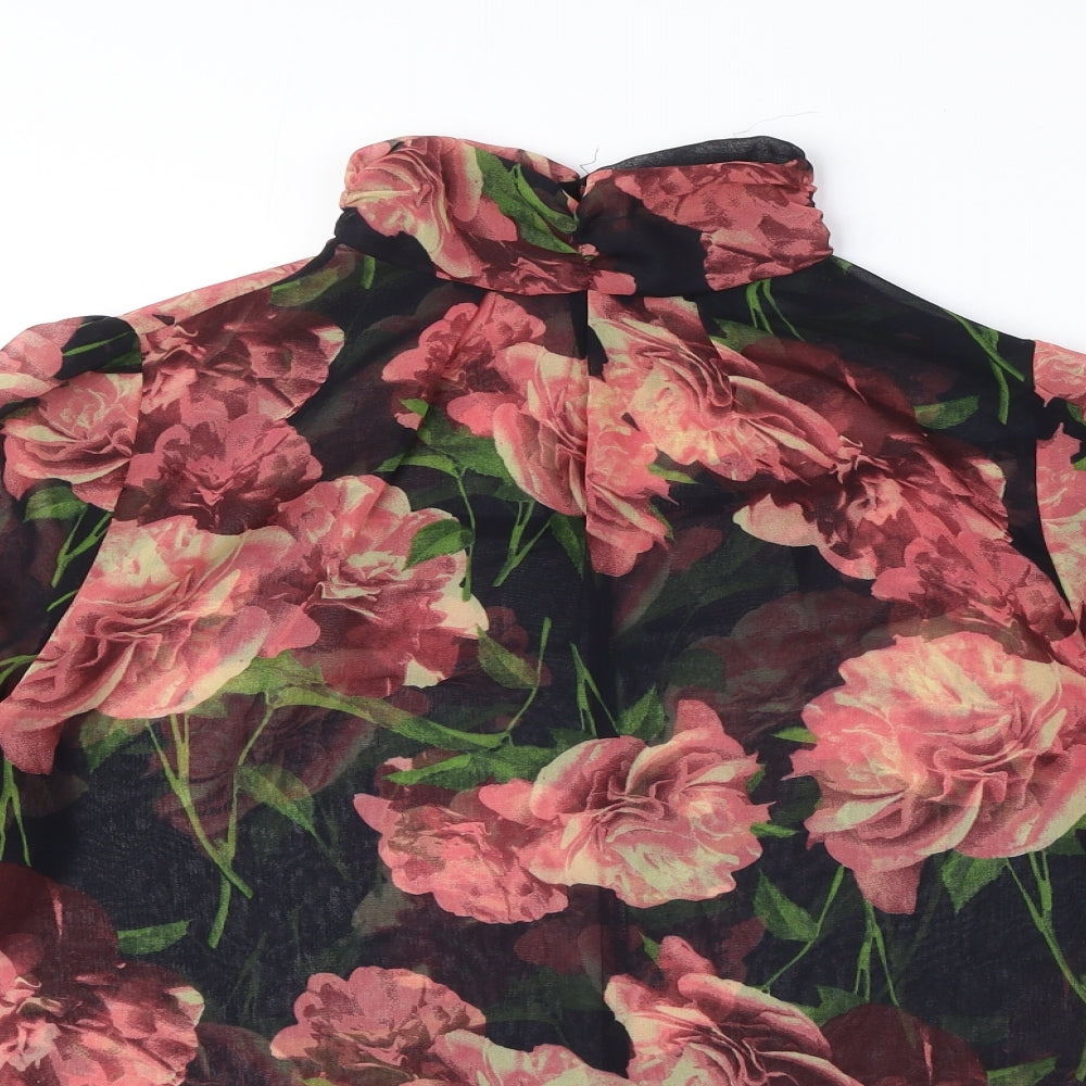 NEXT Womens Black Floral Polyester Basic Blouse Size 14 Mock Neck