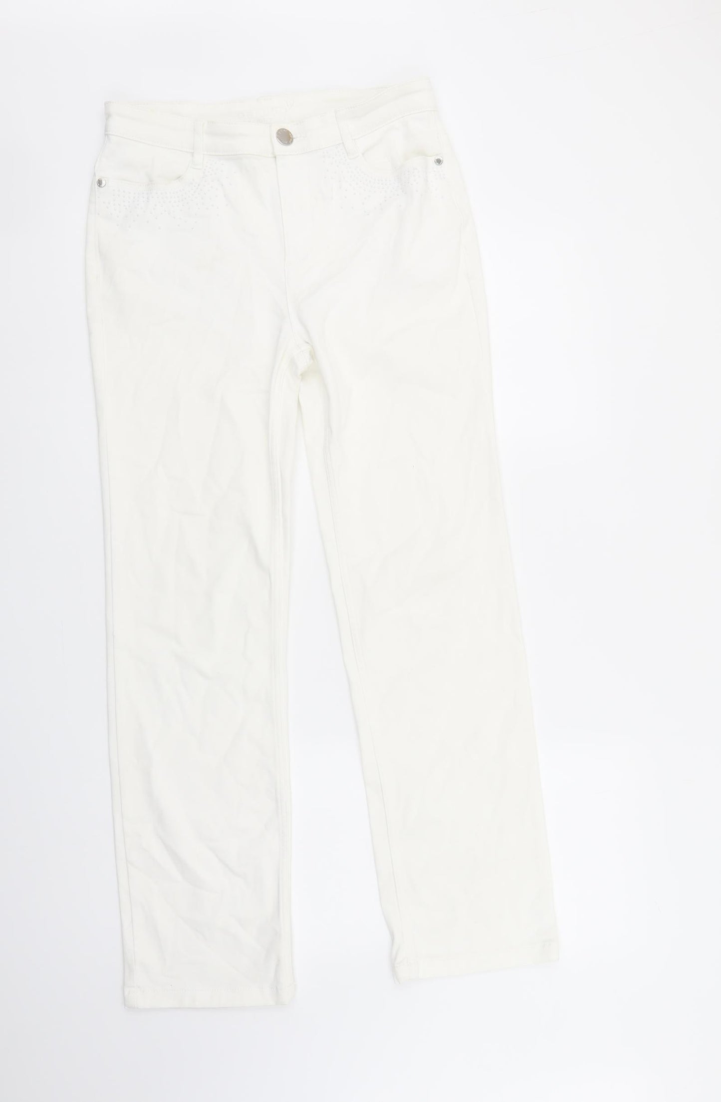 Per Una Womens White Cotton Straight Jeans Size 10 L29 in Regular Zip - Embellished Pockets