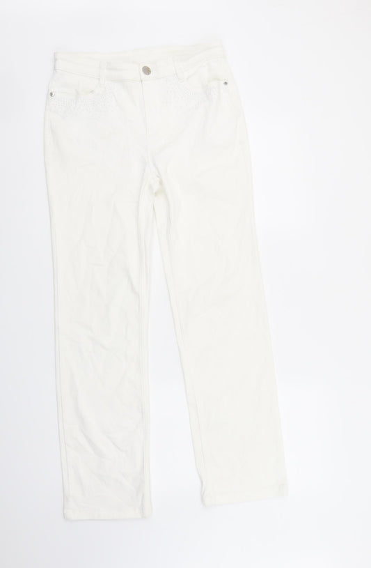 Per Una Womens White Cotton Straight Jeans Size 10 L29 in Regular Zip - Embellished Pockets