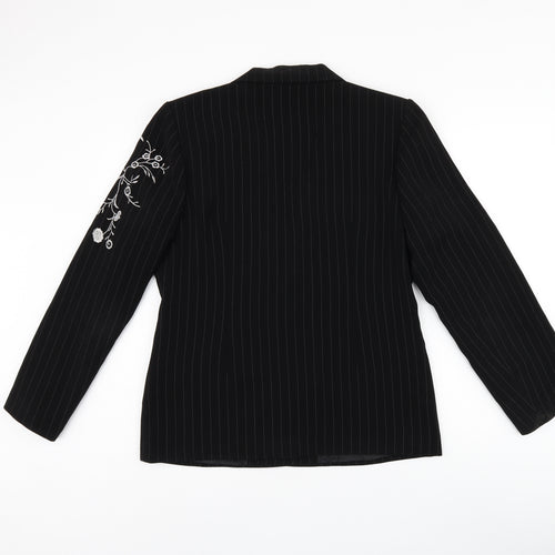 Bella Rigura Womens Black Striped Polyester Jacket Blazer Size 10 - Floral Embroidery