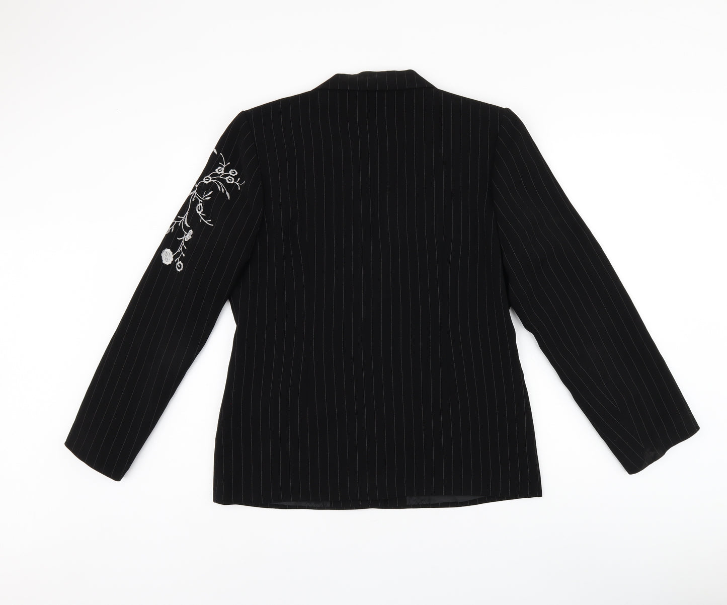 Bella Rigura Womens Black Striped Polyester Jacket Blazer Size 10 - Floral Embroidery