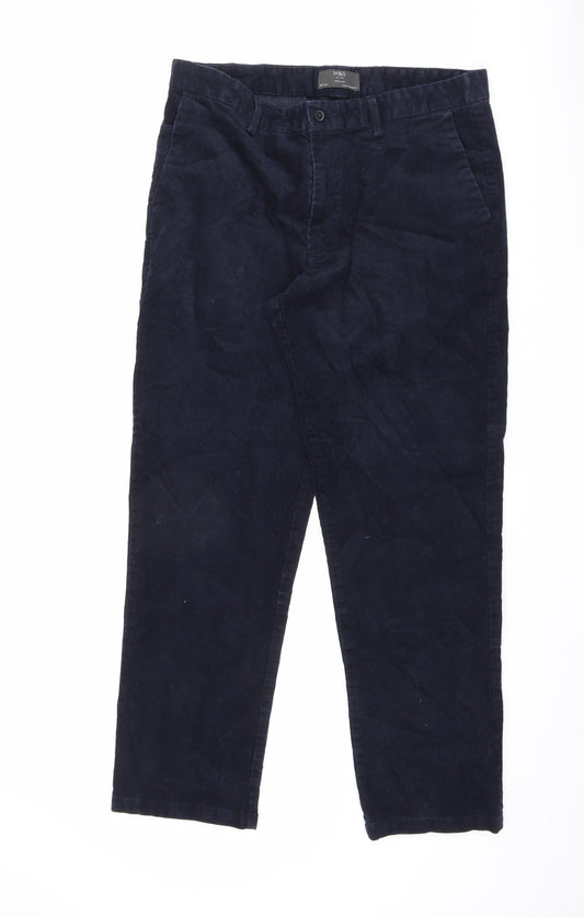 Marks and Spencer Mens Blue Cotton Trousers Size 30 in L31 in Regular Zip