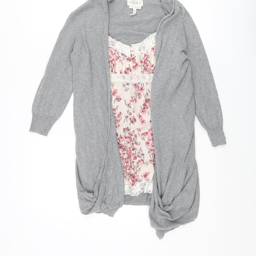 NEXT Womens Grey V-Neck Cotton Cardigan Jumper Size 8 - Floral Lace Top with Cardigan