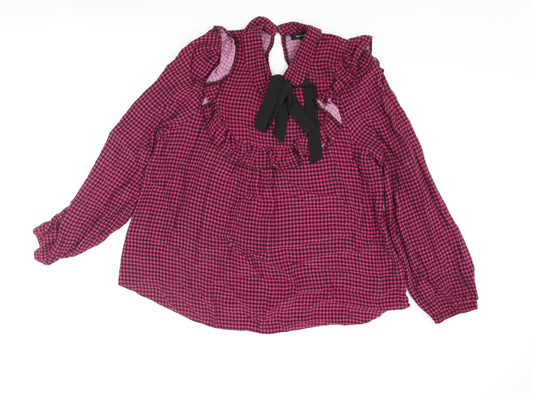 New Look Womens Pink Check Polyester Basic Blouse Size 14 Collared - Bow Frill