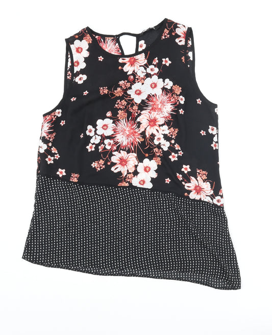 Debenhams Womens Black Floral Polyester Camisole Blouse Size 14 Round Neck - Asymmetric Polkadot