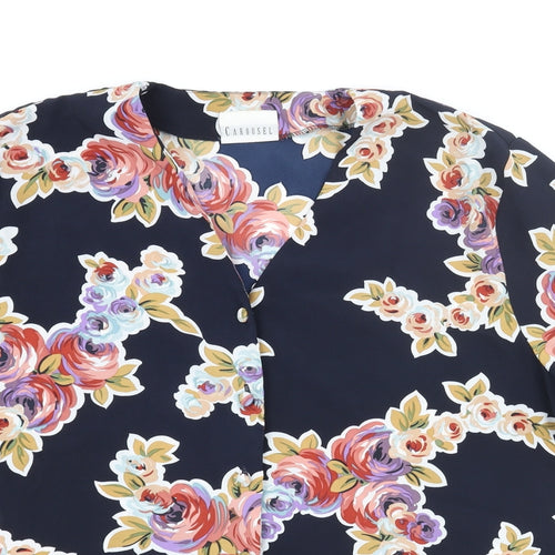 Carousel Womens Blue Floral Polyester Basic Button-Up Size 20 V-Neck