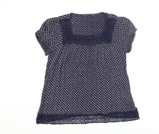 Dorothy Perkins Womens Blue Geometric Viscose Basic Blouse Size 14 Square Neck - Lace Trim