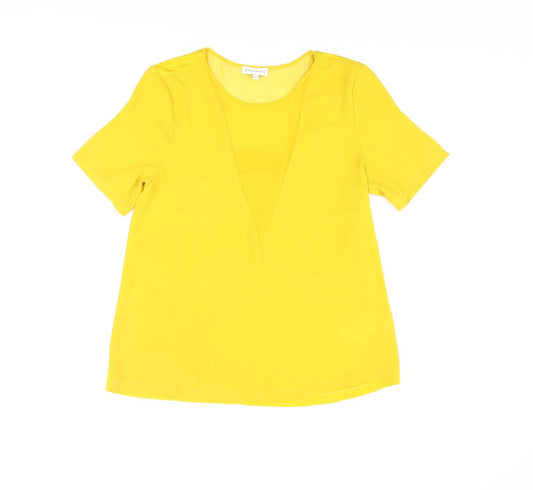 Warehouse Womens Yellow Viscose Basic T-Shirt Size 12 Roll Neck - Semi Sheer V Neck