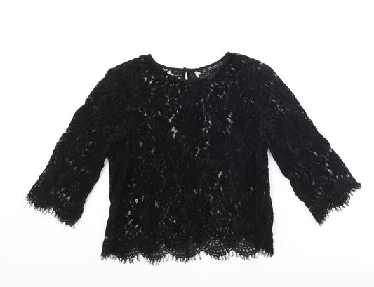 Zara Womens Black Polyester Basic Blouse Size M Round Neck - Floral Lace