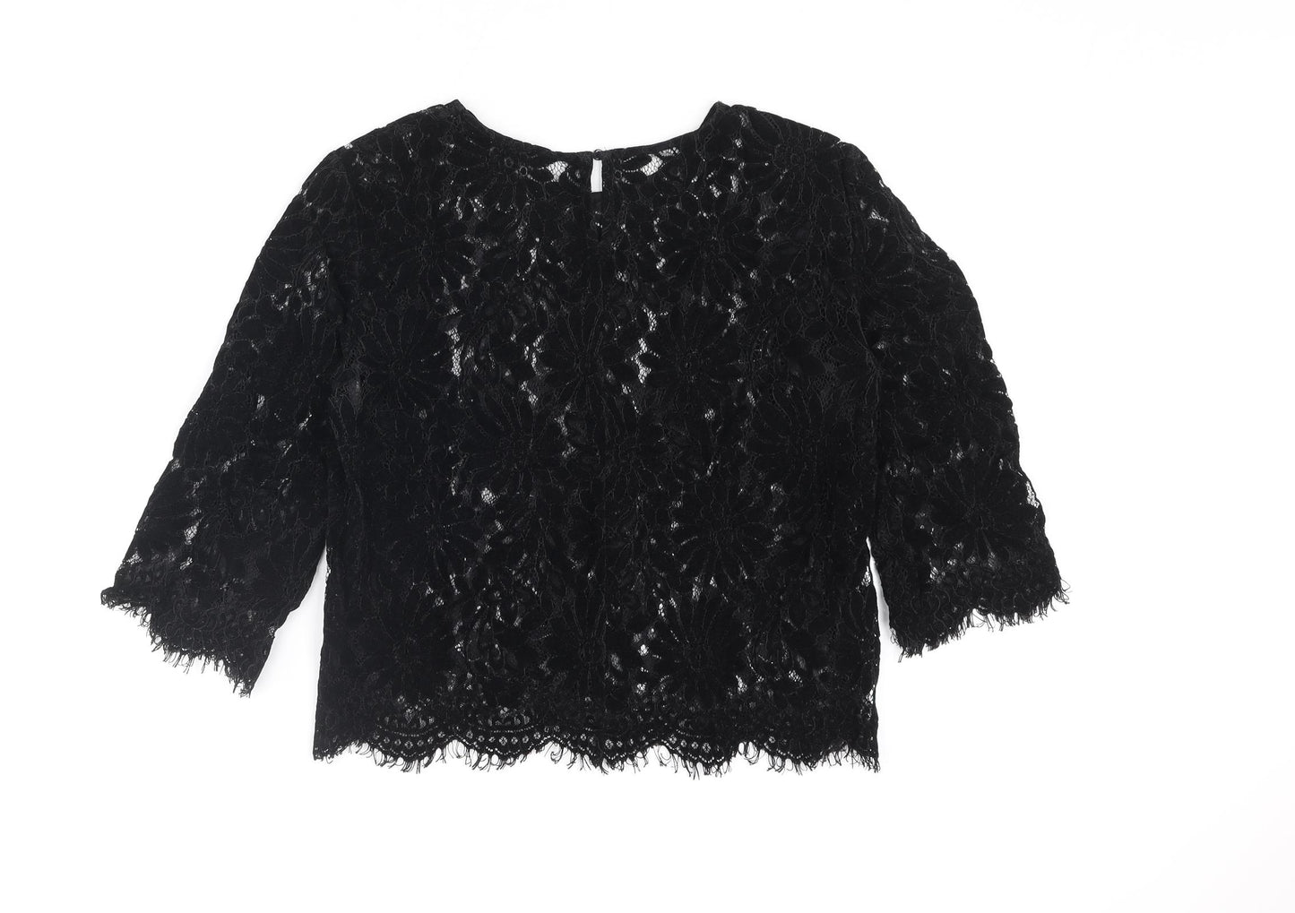 Zara Womens Black Polyester Basic Blouse Size M Round Neck - Floral Lace