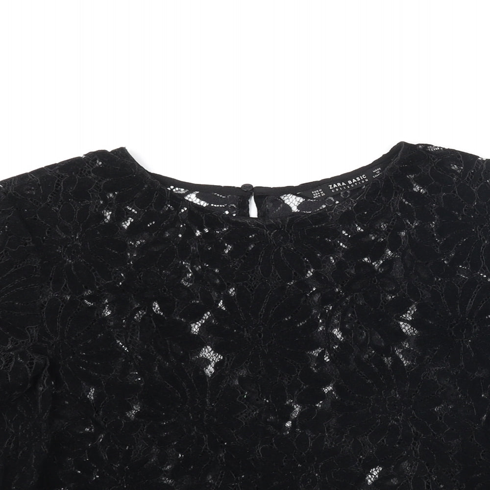 Zara Womens Black Polyester Basic Blouse Size M Round Neck - Floral Lace