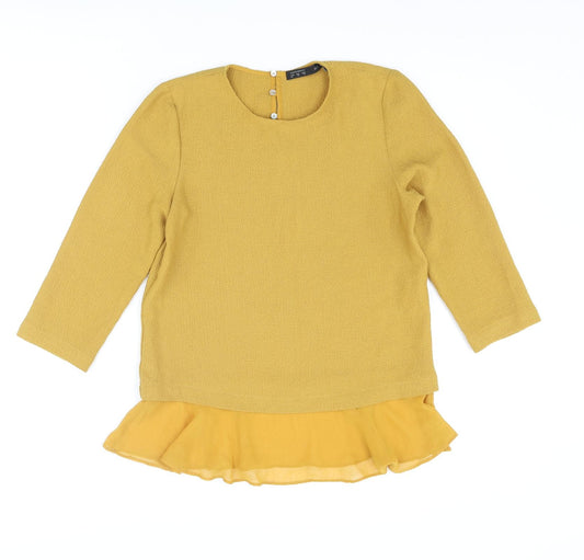 Zara Womens Yellow Polyester Basic Blouse Size M Round Neck - Frill