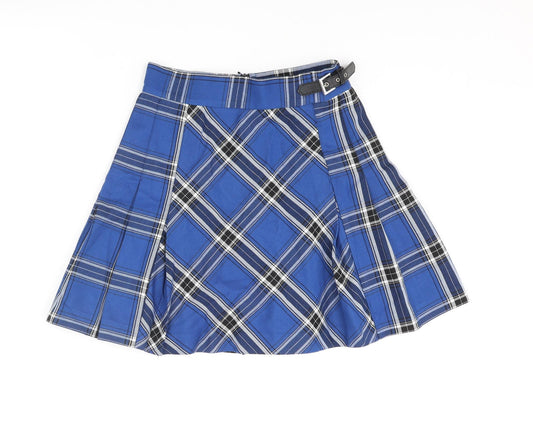 Marks and Spencer Womens Blue Check Polyester Pleated Skirt Size 6 Zip - Buckle