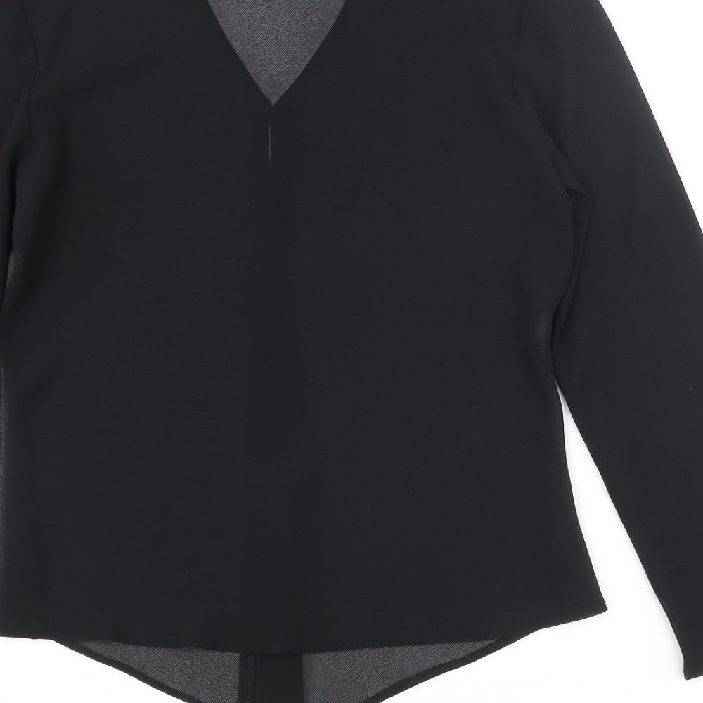 Just Elegance Womens Black Polyester Basic Blouse Size 12 V-Neck - Open Front Semi Sheer