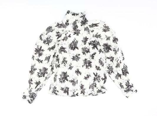 Zara Womens White Floral Polyester Basic Blouse Size M High Neck