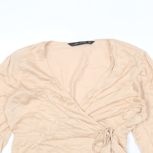 Zara Womens Beige Polyester Wrap Blouse Size L V-Neck