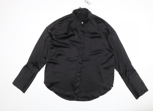 Zara Womens Black Polyester Basic Button-Up Size S Collared