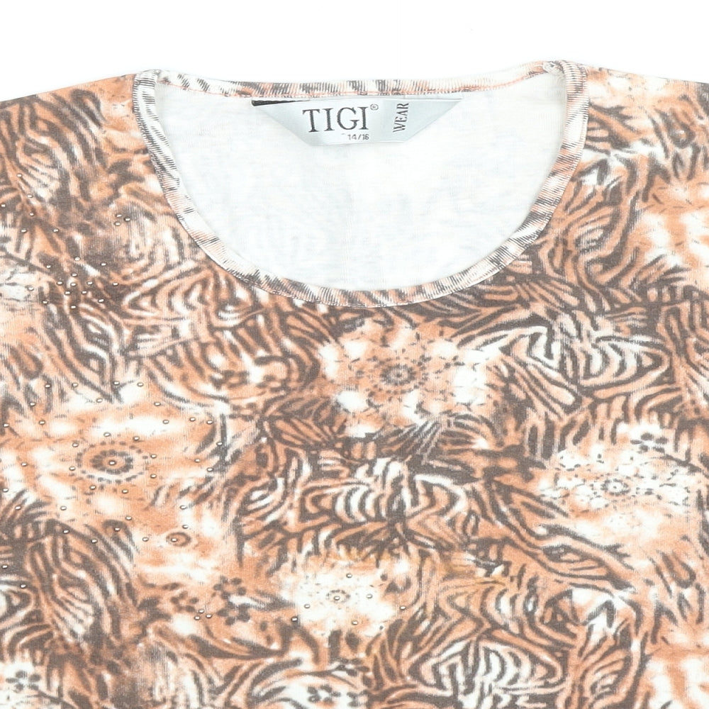 TIGI Womens Beige Geometric Cotton Basic Blouse Size 14 Round Neck - Flowers Size 14-16