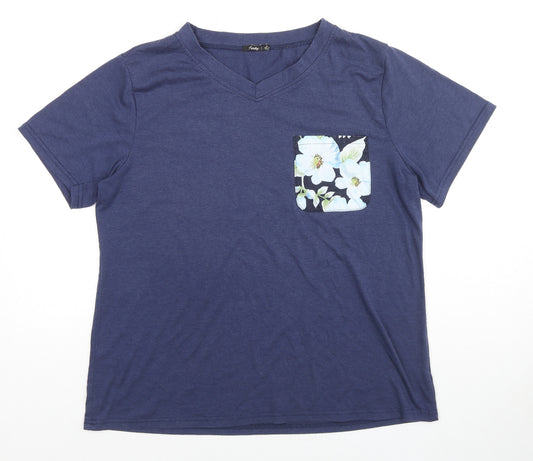 Family Womens Blue Cotton Basic T-Shirt Size XL V-Neck - Flowers