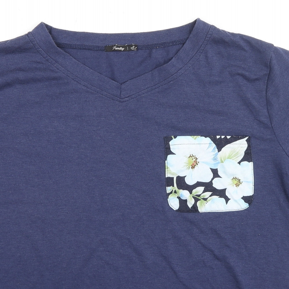 Family Womens Blue Cotton Basic T-Shirt Size XL V-Neck - Flowers