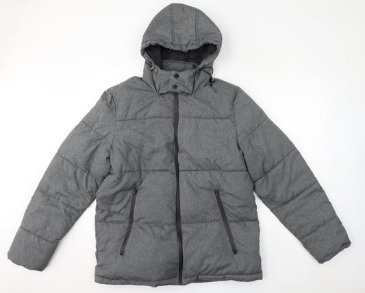 ACW85 Mens Grey Puffer Jacket Coat Size L Zip - Hood