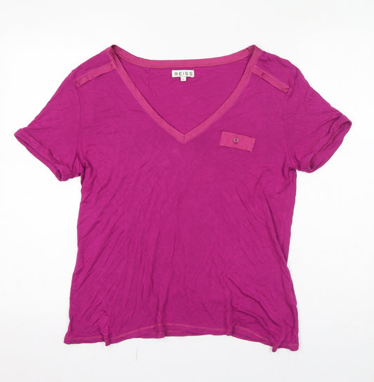 Reiss Womens Pink Viscose Basic T-Shirt Size L V-Neck