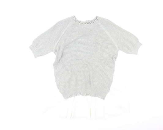 French Connection Womens Grey Round Neck Cotton Pullover Jumper Size S - Lace Trim, Button Closure on Back