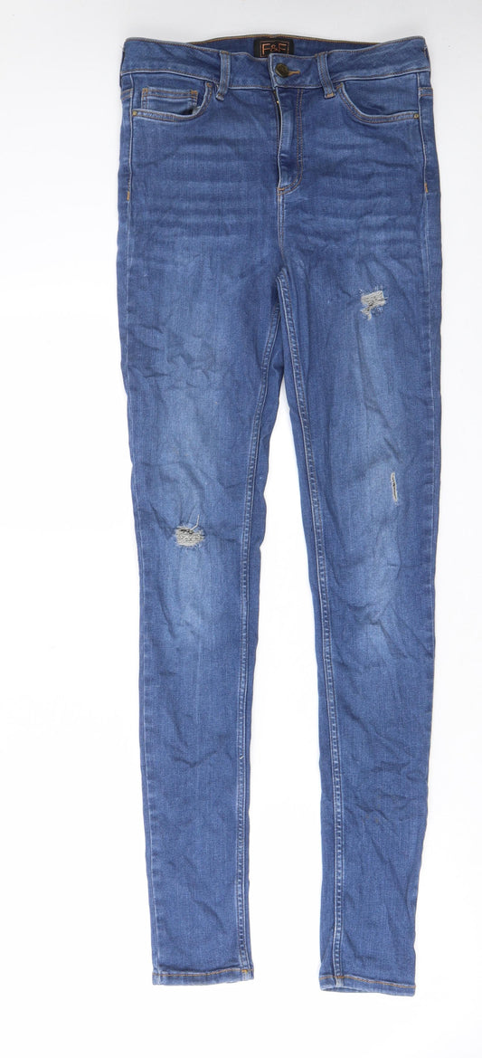 F&F Womens Blue Cotton Skinny Jeans Size 10 L32 in Regular Zip - Pockets, Belt Loops
