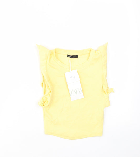 Zara Womens Yellow Cotton Basic T-Shirt Size S Crew Neck - Frill