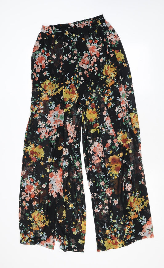 Marks and Spencer Womens Black Floral Polyester Trousers Size 10 L30 in Regular