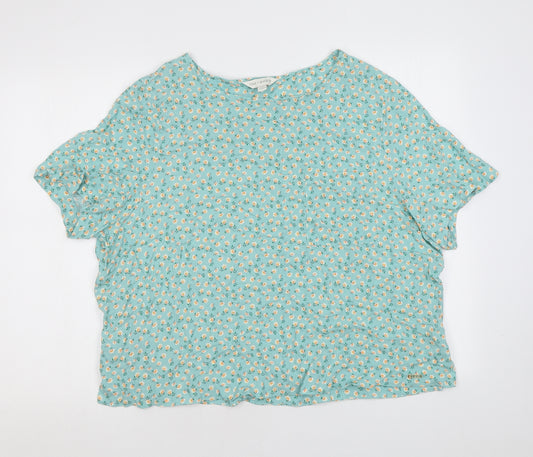 Marks and Spencer Womens Green Floral Viscose Basic T-Shirt Size 12 Round Neck - Pockets