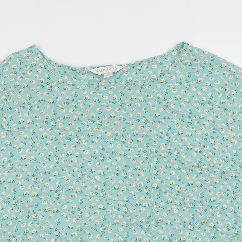 Marks and Spencer Womens Green Floral Viscose Basic T-Shirt Size 12 Round Neck - Pockets