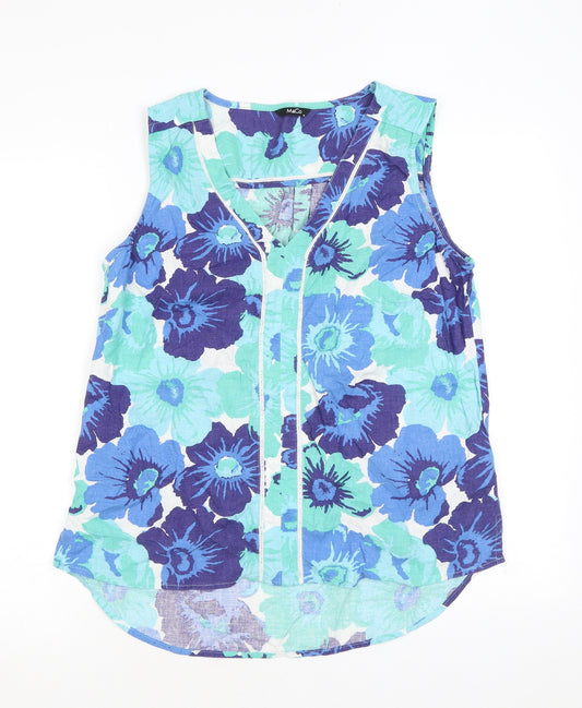 M&Co Womens Blue Floral Linen Basic Blouse Size 12 V-Neck