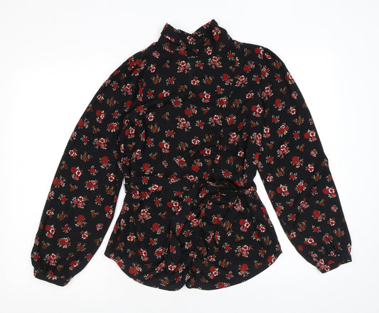 Zara Womens Black Floral Polyester Basic Blouse Size XS Mock Neck - Belted