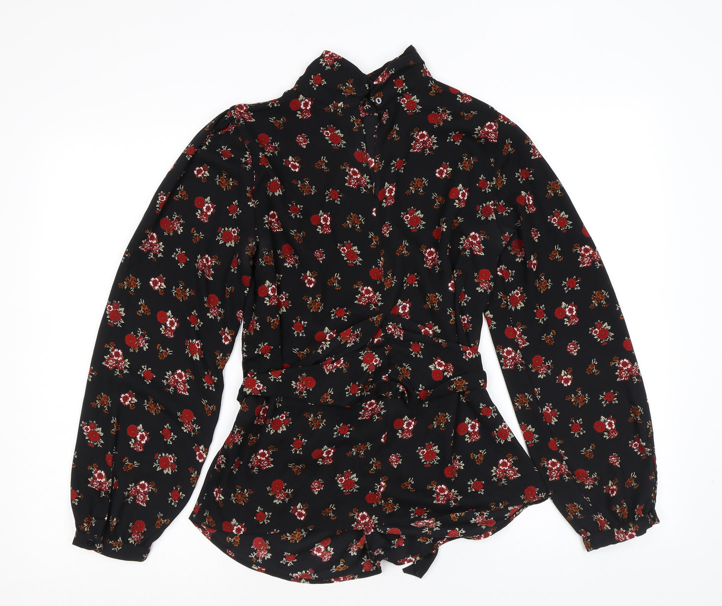 Zara Womens Black Floral Polyester Basic Blouse Size XS Mock Neck - Belted