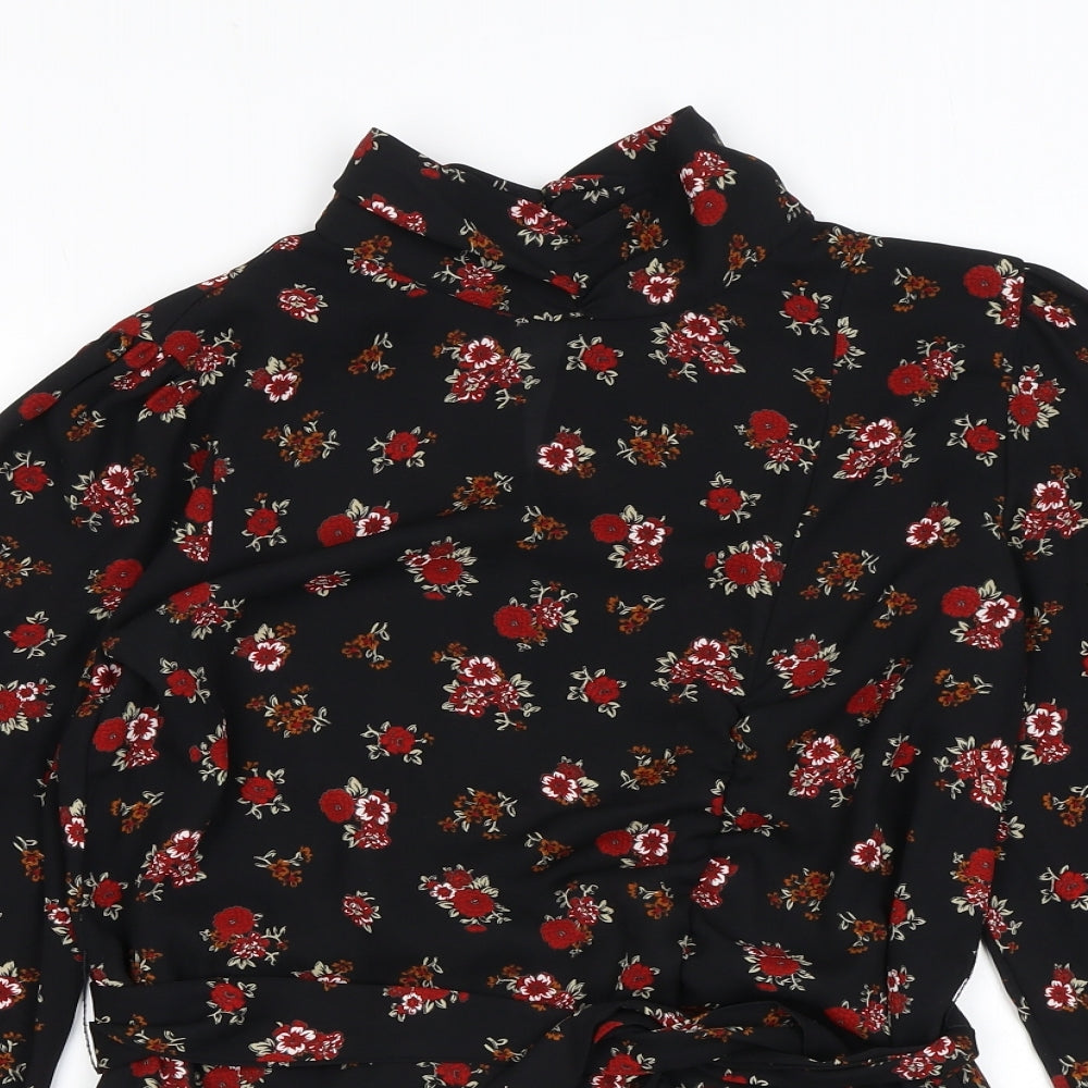 Zara Womens Black Floral Polyester Basic Blouse Size XS Mock Neck - Belted