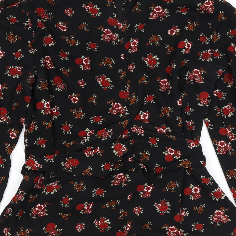 Zara Womens Black Floral Polyester Basic Blouse Size XS Mock Neck - Belted