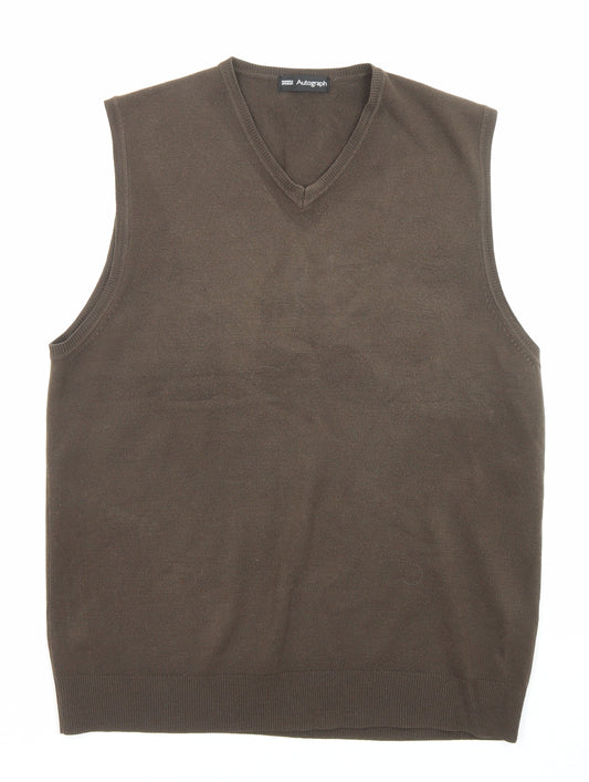 Marks and Spencer Mens Brown V-Neck Acrylic Vest Jumper Size M Sleeveless