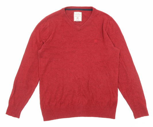 Fat Face Mens Red V-Neck Cotton Pullover Jumper Size S Long Sleeve